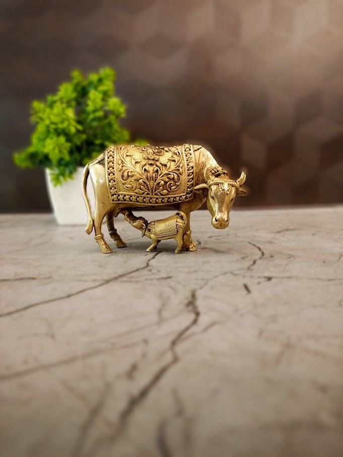 Golden Brass Cow and Calf Idol | Kamdhenu Statue for Pooja, Vastu & Home Decor