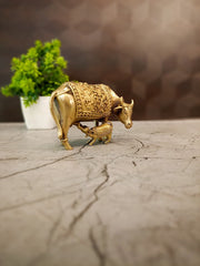Golden Brass Cow and Calf Idol | Kamdhenu Statue for Pooja, Vastu & Home Decor