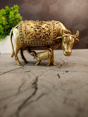 Golden Brass Cow and Calf Idol | Kamdhenu Statue for Pooja, Vastu & Home Decor