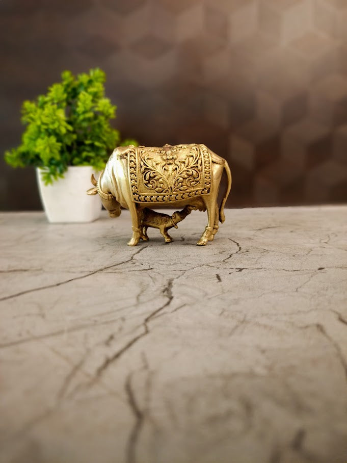Golden Brass Cow and Calf Idol | Kamdhenu Statue for Pooja, Vastu & Home Decor