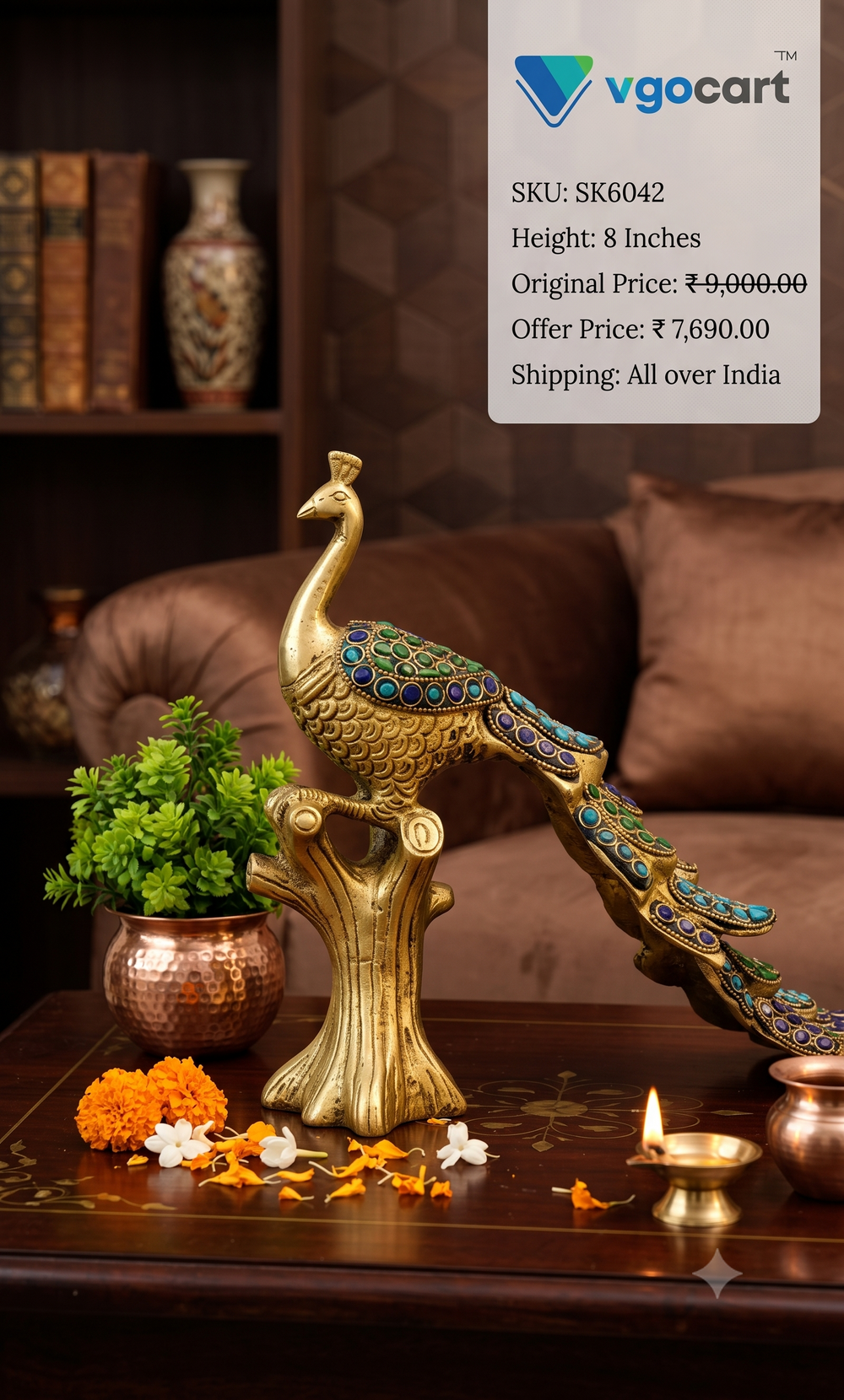 Brass Stone Finish Peacock on Branch | Elegant Vintage Bird Statue for Home Decor & Vastu