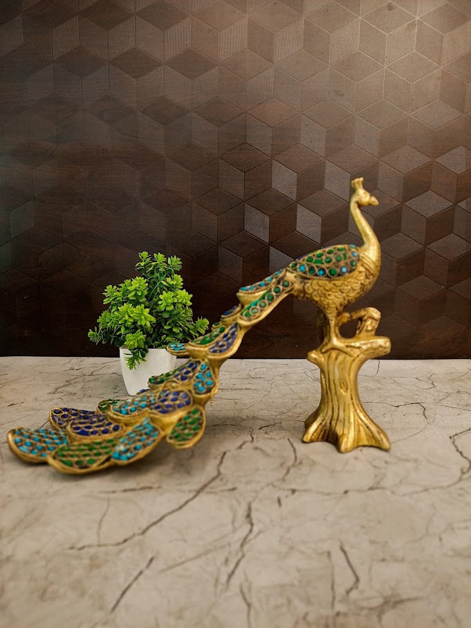 Brass Stone Finish Peacock on Branch | Elegant Vintage Bird Statue for Home Decor & Vastu