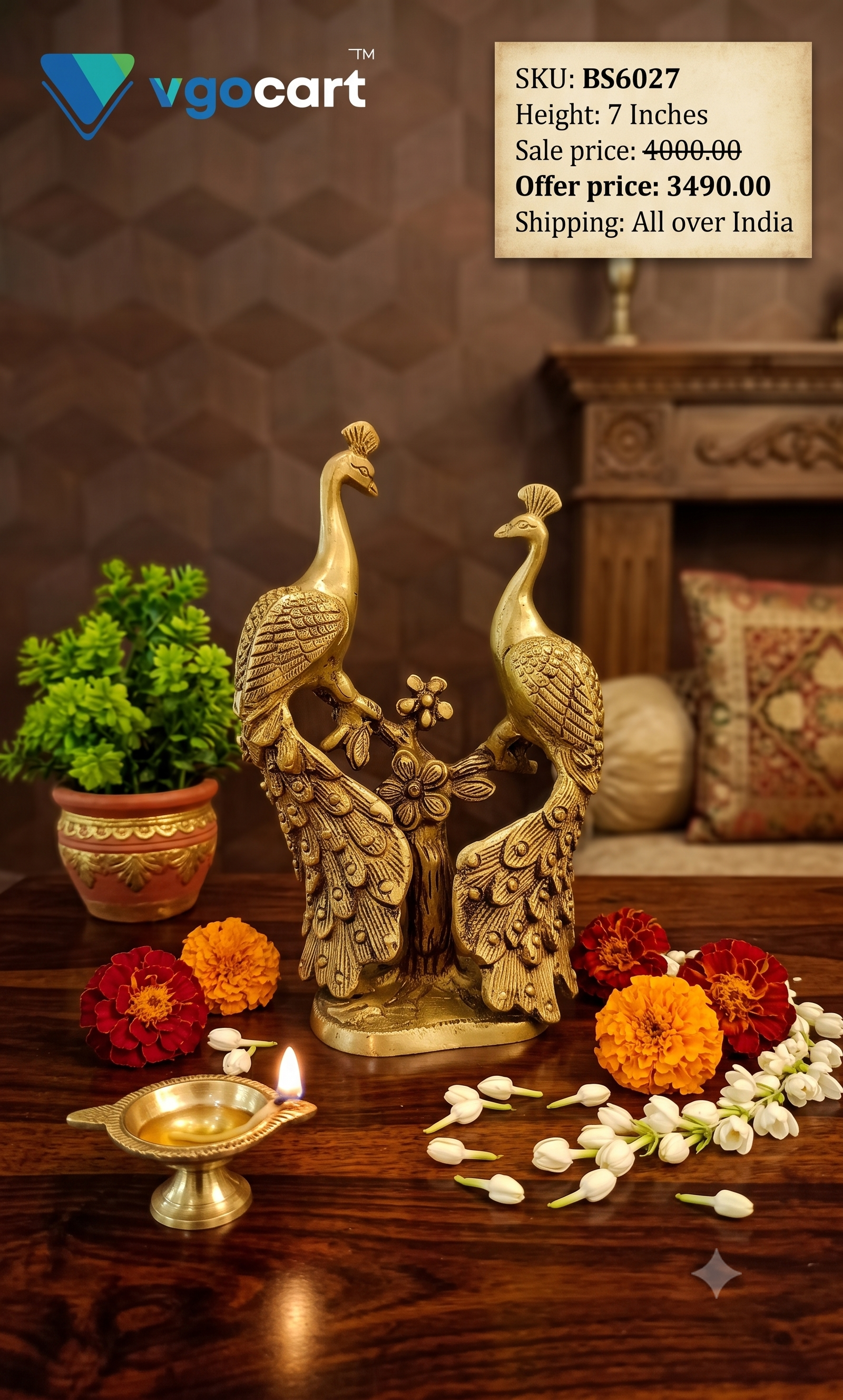 Brass Twin Peacock Statue | Elegant Vastu Bird Pair Showpiece for Home Decor