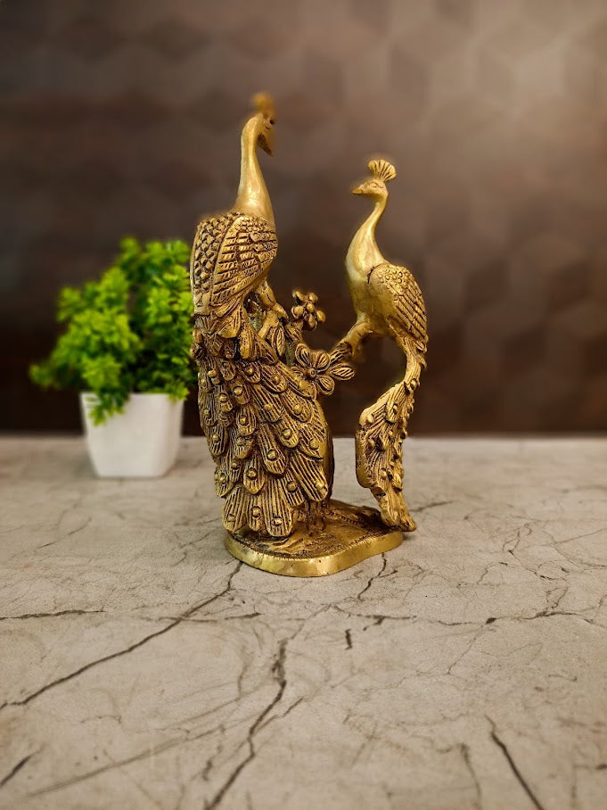 Brass Twin Peacock Statue | Elegant Vastu Bird Pair Showpiece for Home Decor