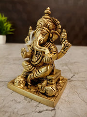 Brass Ganesha Idol on Square Base 4.5 Inch | Traditional Lord Ganesha Statue for Pooja Room & Home Decor