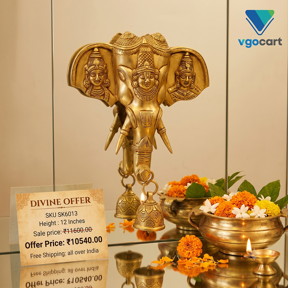 12″ Brass Elephant Face with Perumal Wall Mount | Divine Perumal Wall Hanging for Home, Pooja & Vastu Décor