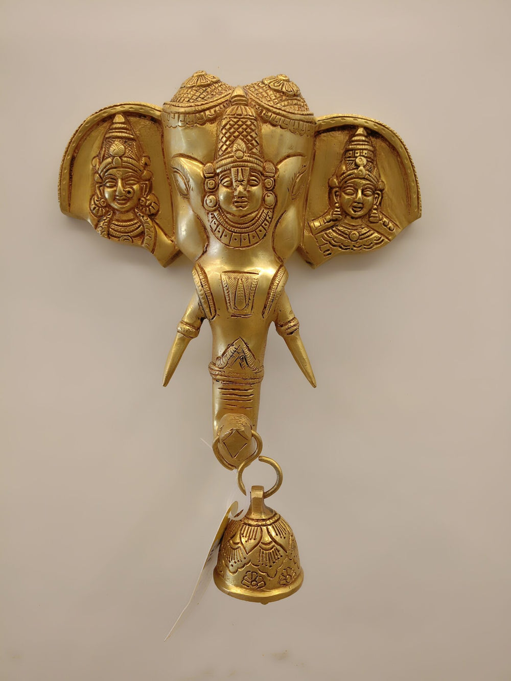 12″ Brass Elephant Face with Perumal Wall Mount | Divine Perumal Wall Hanging for Home, Pooja & Vastu Décor