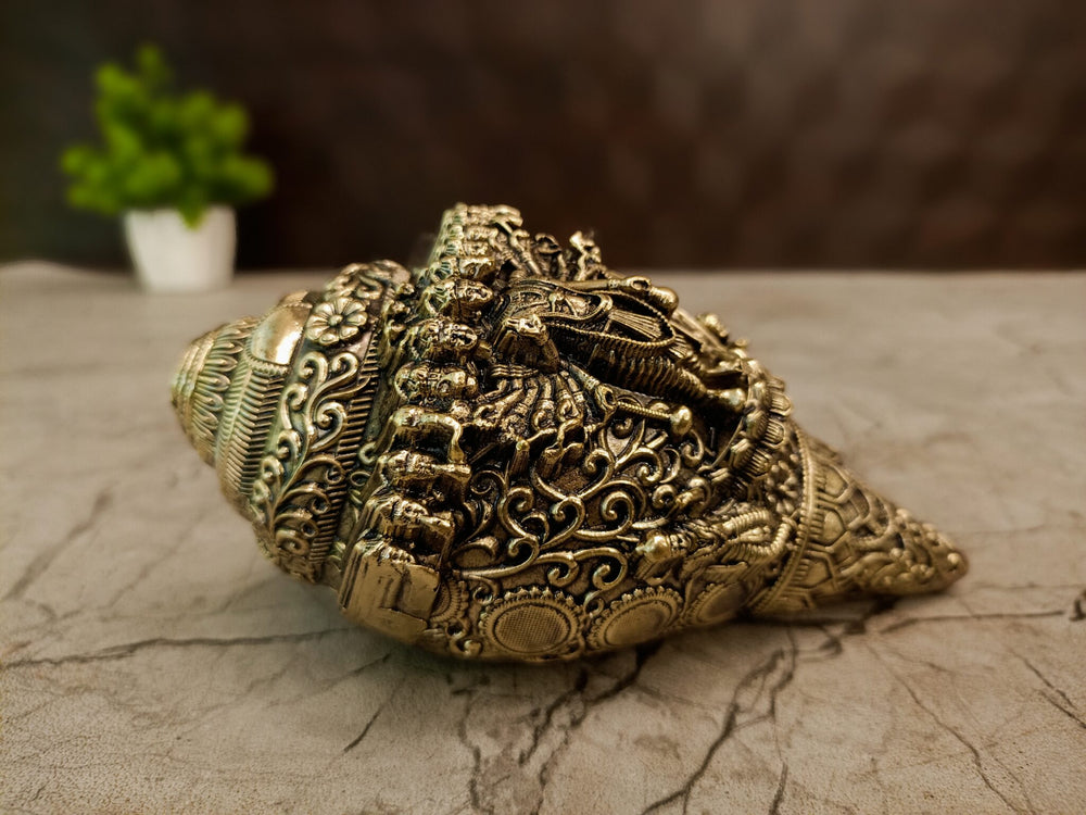 6″ Brass Fine Art Dasavatharam Sangu | Lord Vishnu Dashavatara Conch Showpiece for Pooja & Home Décor