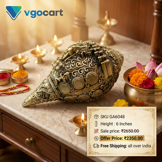 6″ Brass Fine Art Dasavatharam Sangu | Lord Vishnu Dashavatara Conch Showpiece for Pooja & Home Décor