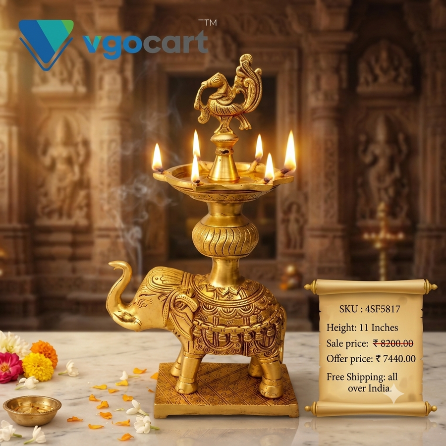 Premium Brass Elephant with Annam 5-Face Diya | Majestic Panchamukhi Gaja Vilakku for Vastu & Royal Heritage Decor