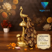 Premium Fine Art Brass Peacock on Mushroom Statue | Majestic Mayur Nature Decor for Vastu & Luxury Living Space