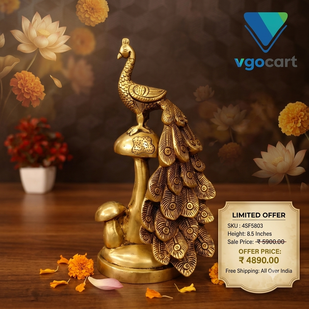 Premium Fine Art Brass Peacock on Mushroom Statue | Majestic Mayur Nature Decor for Vastu & Luxury Living Space