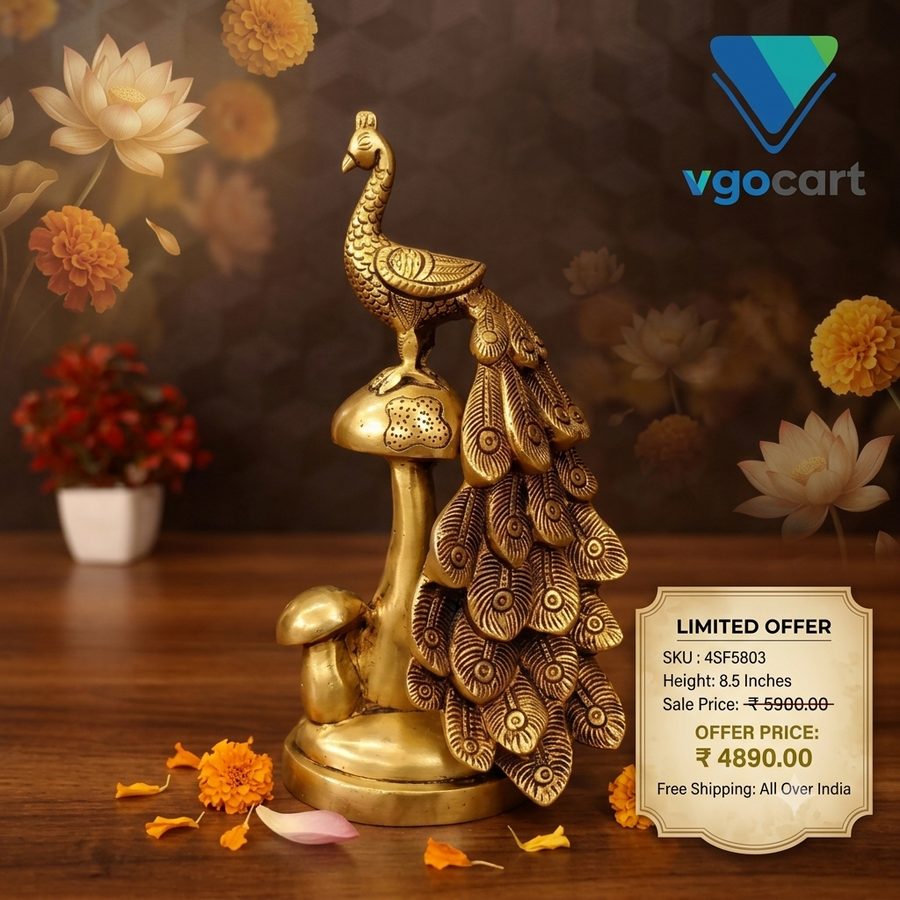 Premium Fine Art Brass Peacock on Mushroom Statue | Majestic Mayur Nature Decor for Vastu & Luxury Living Space