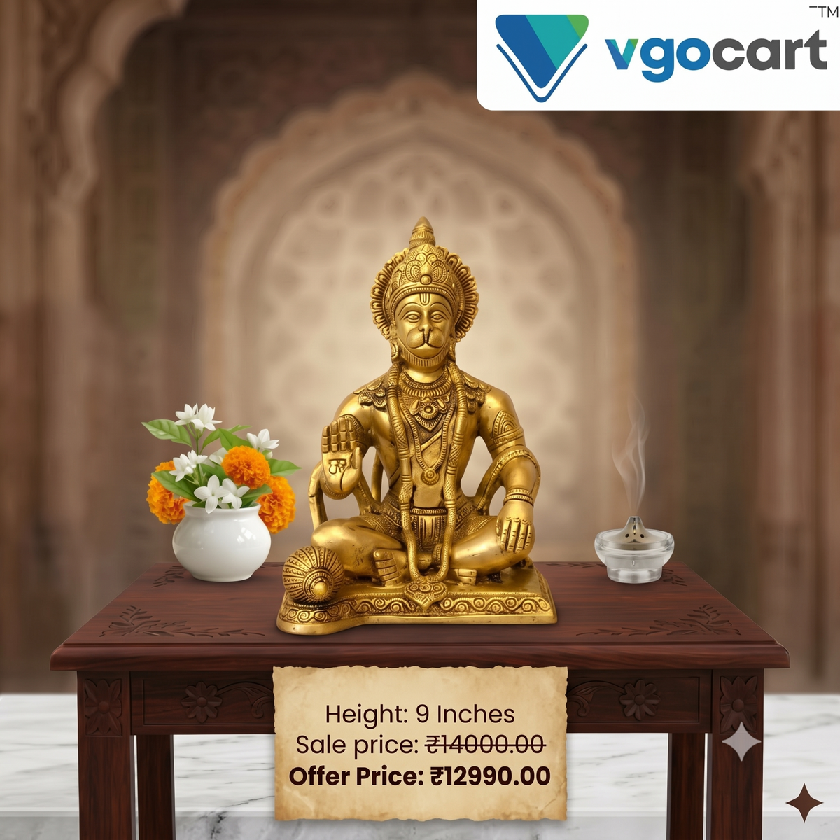 Premium Brass Hanuman Idol on Square Base | Majestic Sitting Anjaneya Statue for Vastu & Unwavering Devotion
