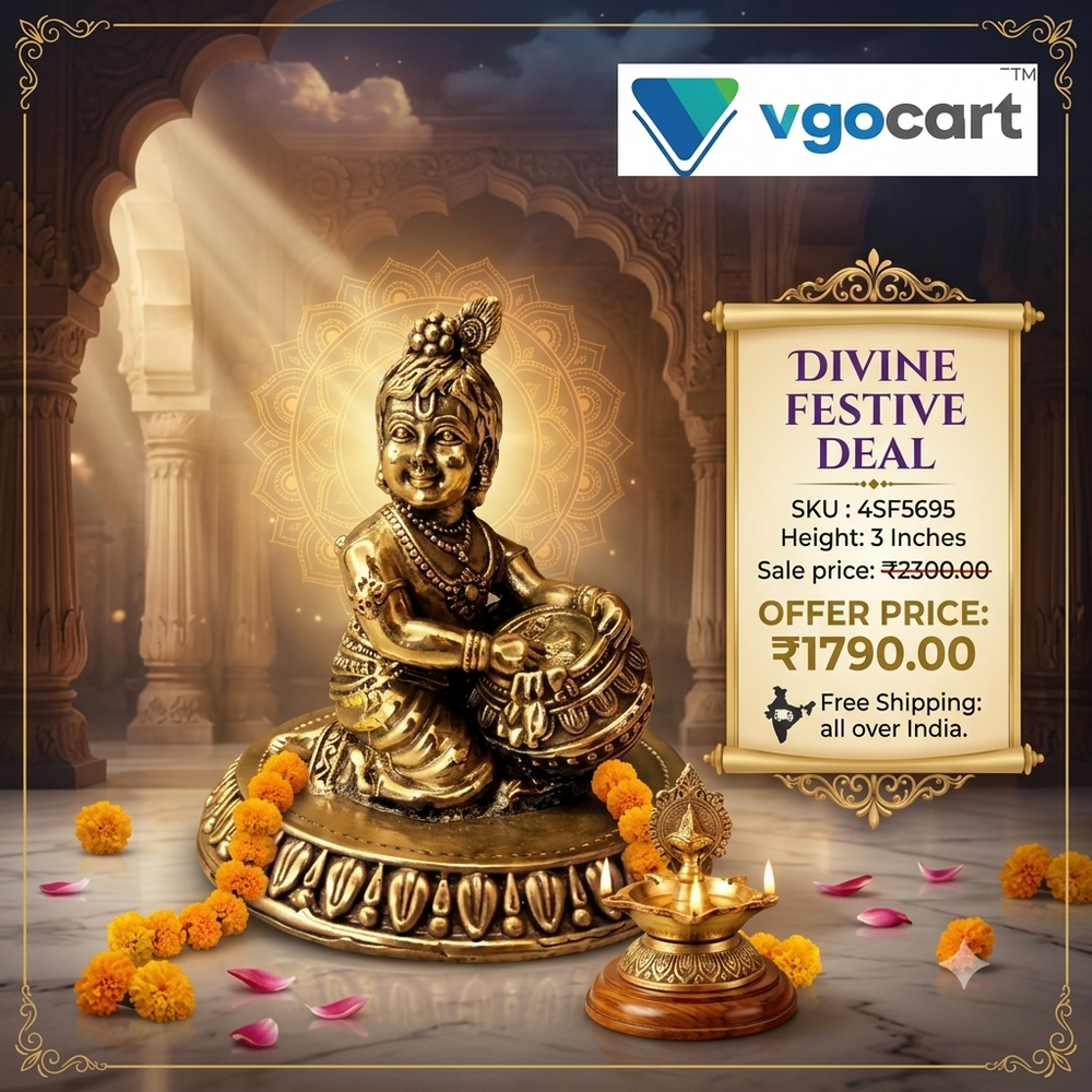Premium Fine Art Brass Vennai Krishna Idol | Majestic Navaneetha Bal Gopal for Vastu, Abundance & Heritage Decor