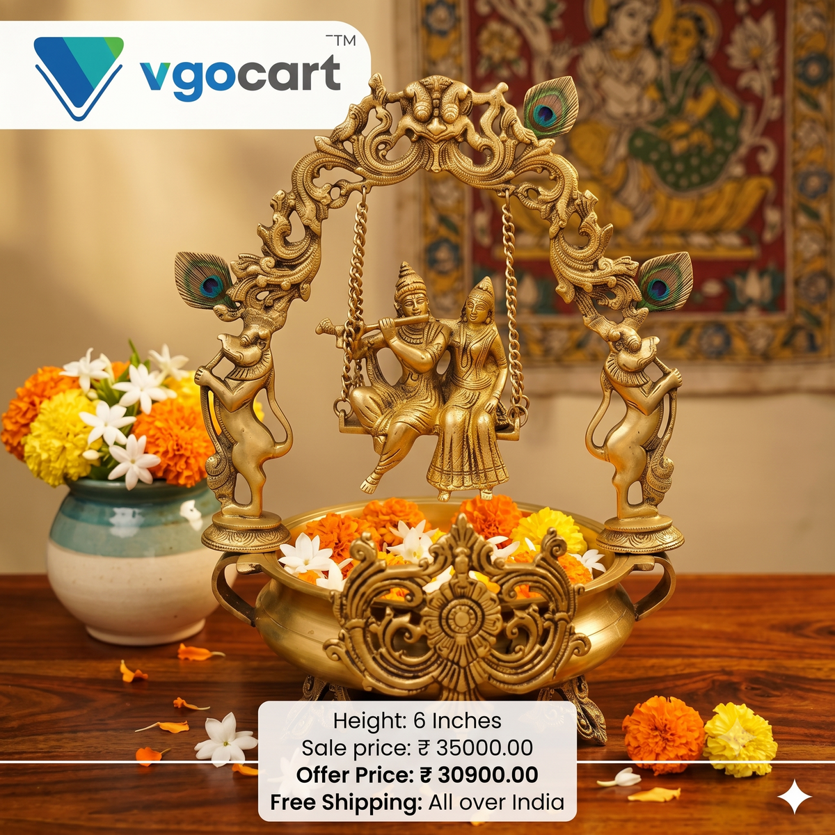 Premium Brass Radha Krishna Uruli with Golden Finish | Divine Eternal Love Water Bowl for Vastu & Luxury Foyer Decor