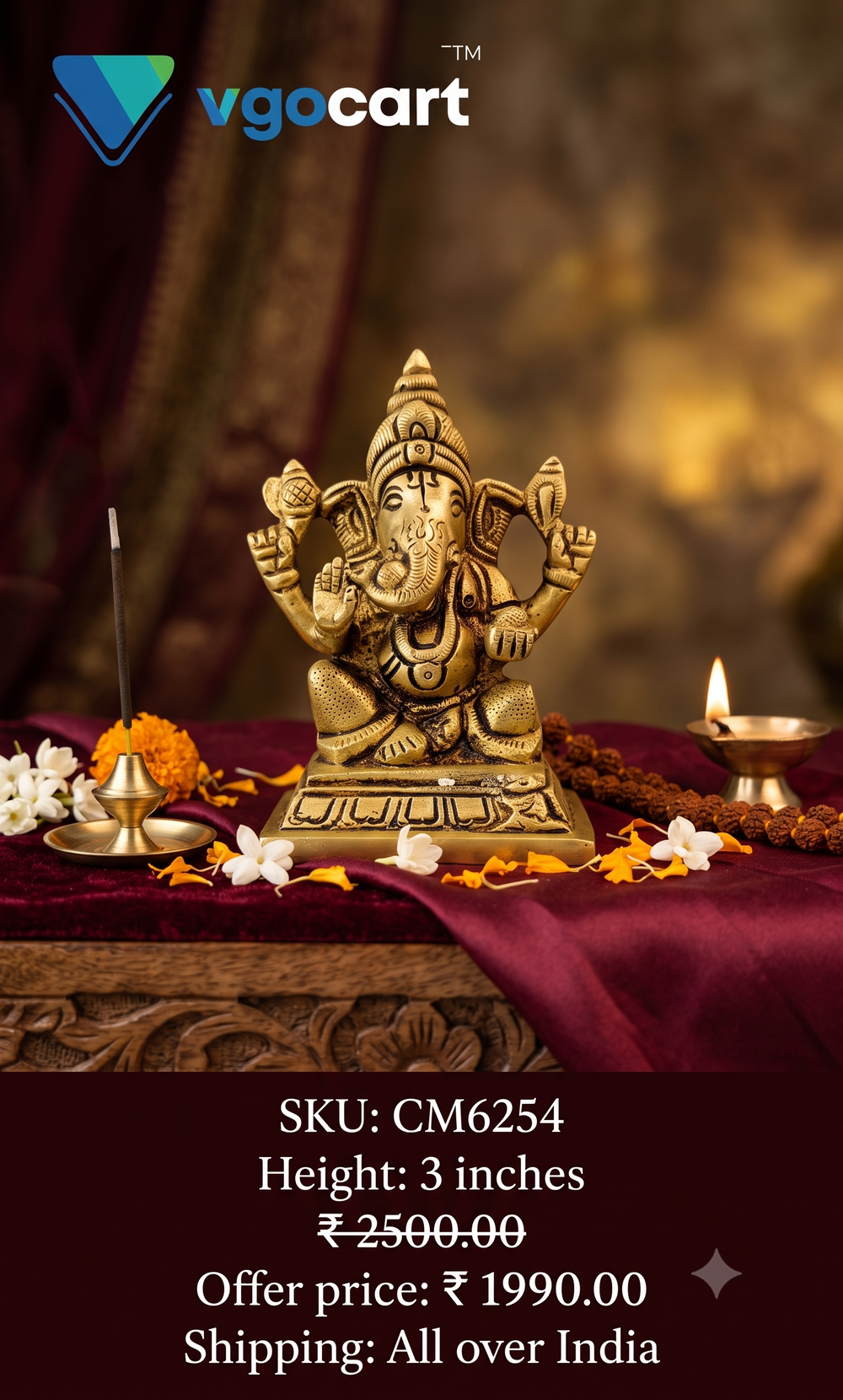 Premium Brass Valampuri Ganesha on Square Base | Siddhi Vinayakar Idol for Vastu & Executive Decor