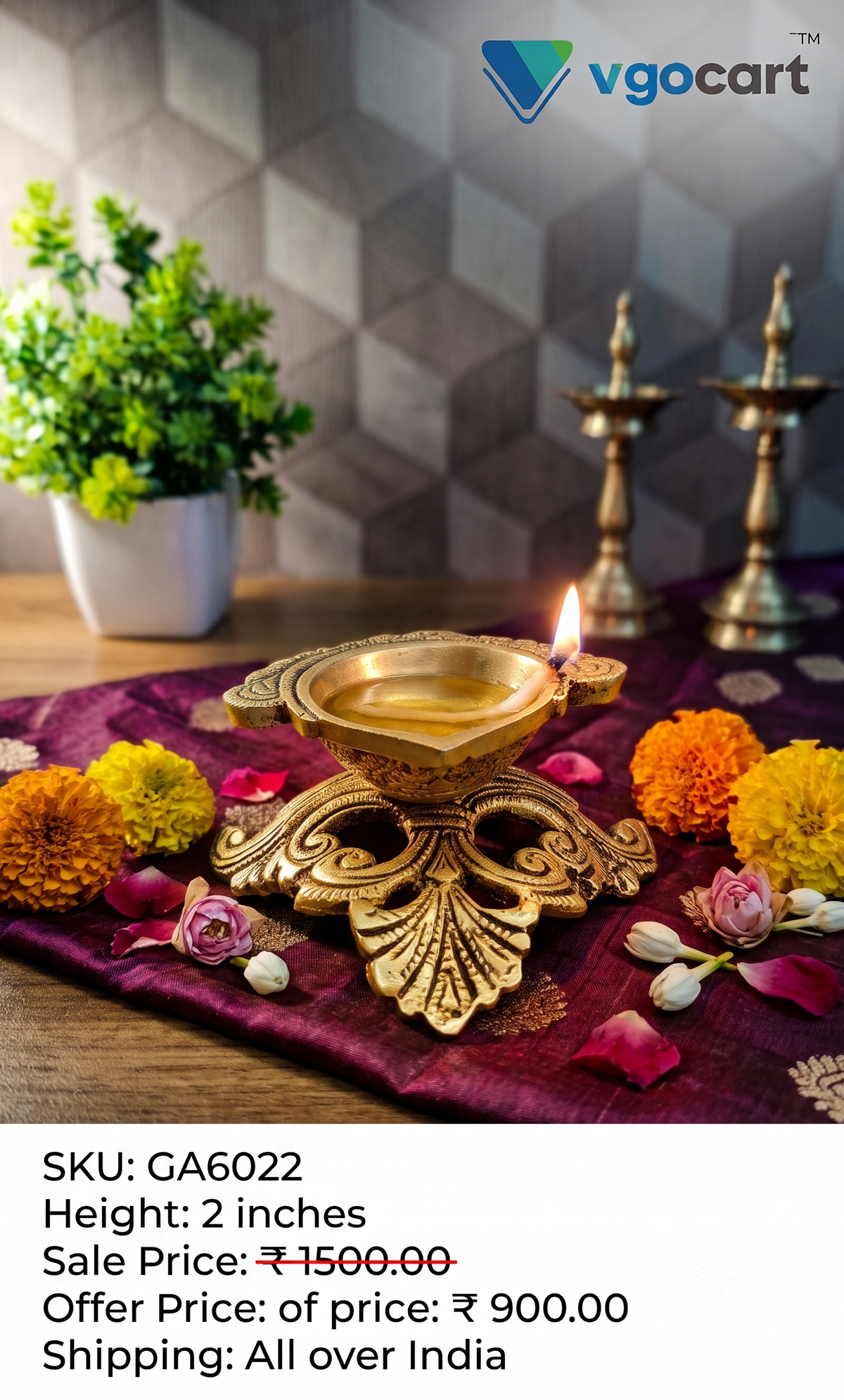 Premium Brass Single Face Diya on Decorative Base | Elevated Eka Mukhi Pedestal Vilakku for Vastu & Luxury Pooja Decor