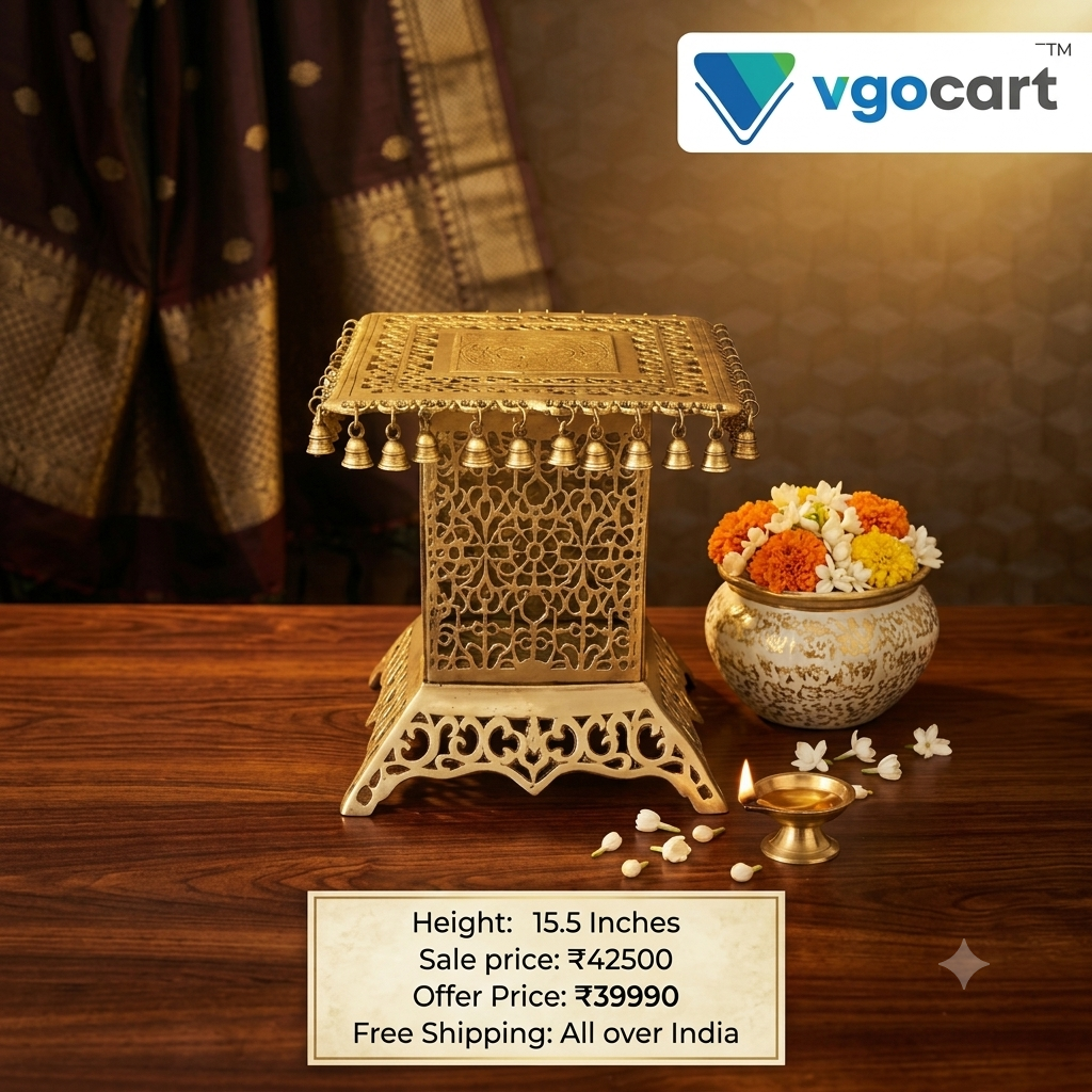 Premium Brass Chowki Stand with Bells | Decorative Peetham Pedestal for Vastu, Deities & Luxury Mandir Decor