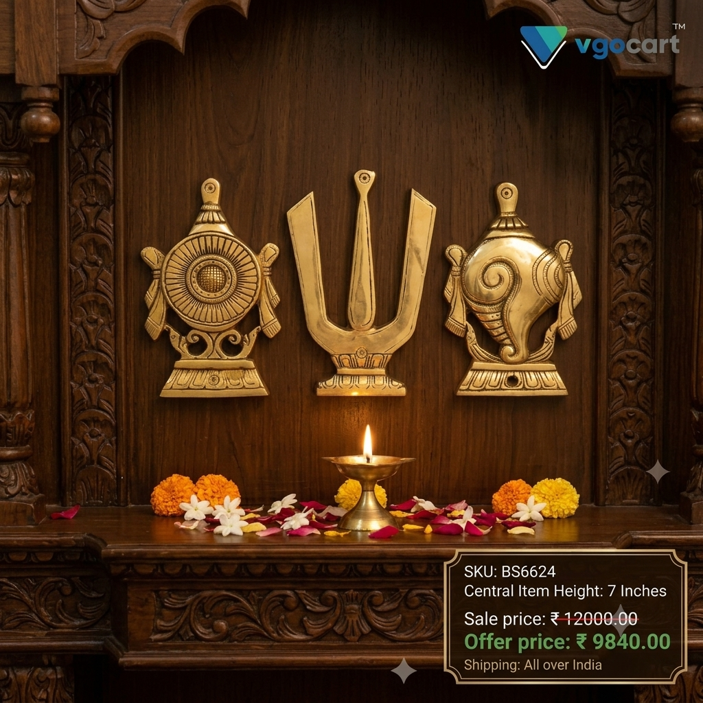 Premium Brass Sangu Chakra Namam Wall Mount 7" | Lord Vishnu Balaji Wall Hanging