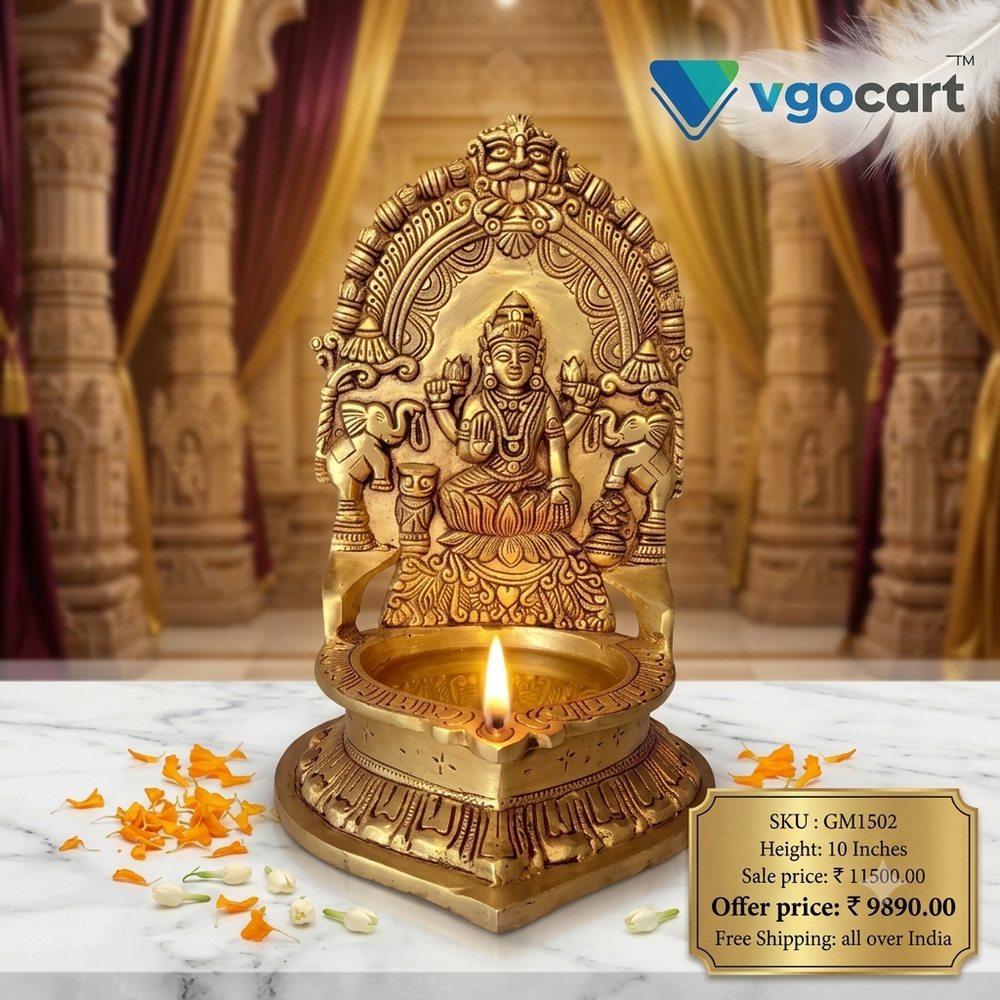 Premium Big Brass Lakshmi Diya | Majestic Gajalakshmi Vilakku for Vastu & Grand Heritage Decor