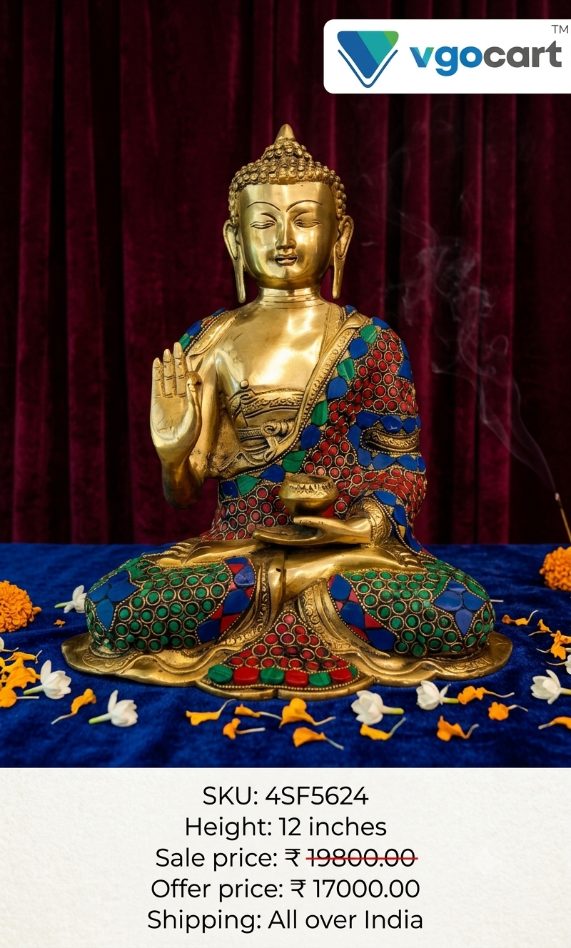 Premium Fine Art Brass Buddha with Green, Red & Blue Inlay | Unique Zen Masterpiece for Vastu & Ultimate Peace