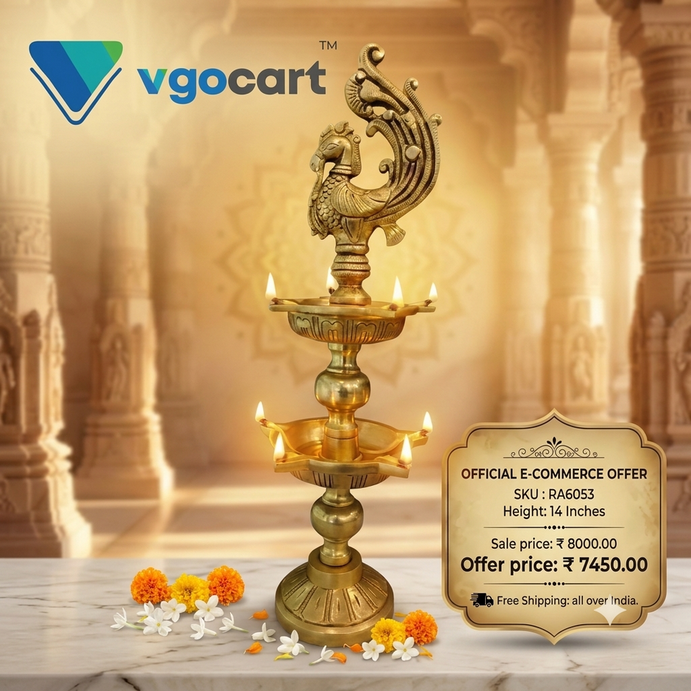 Premium Brass Two-Layer Annam Kuthuvilakku | Majestic 5-Face Swan Standing Lamp for Vastu & Grand Heritage Decor
