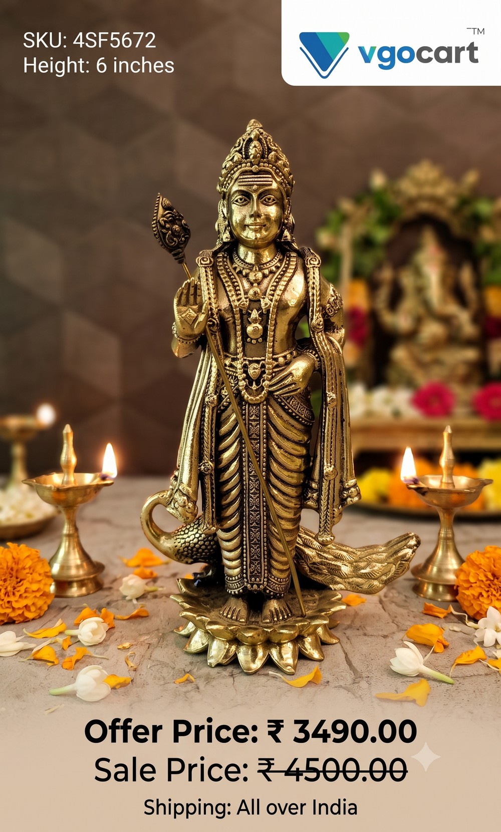 Premium Fine Art Brass Lord Murugan Idol | Majestic Karthikeya Statue for Vastu, Valor & Heritage Decor