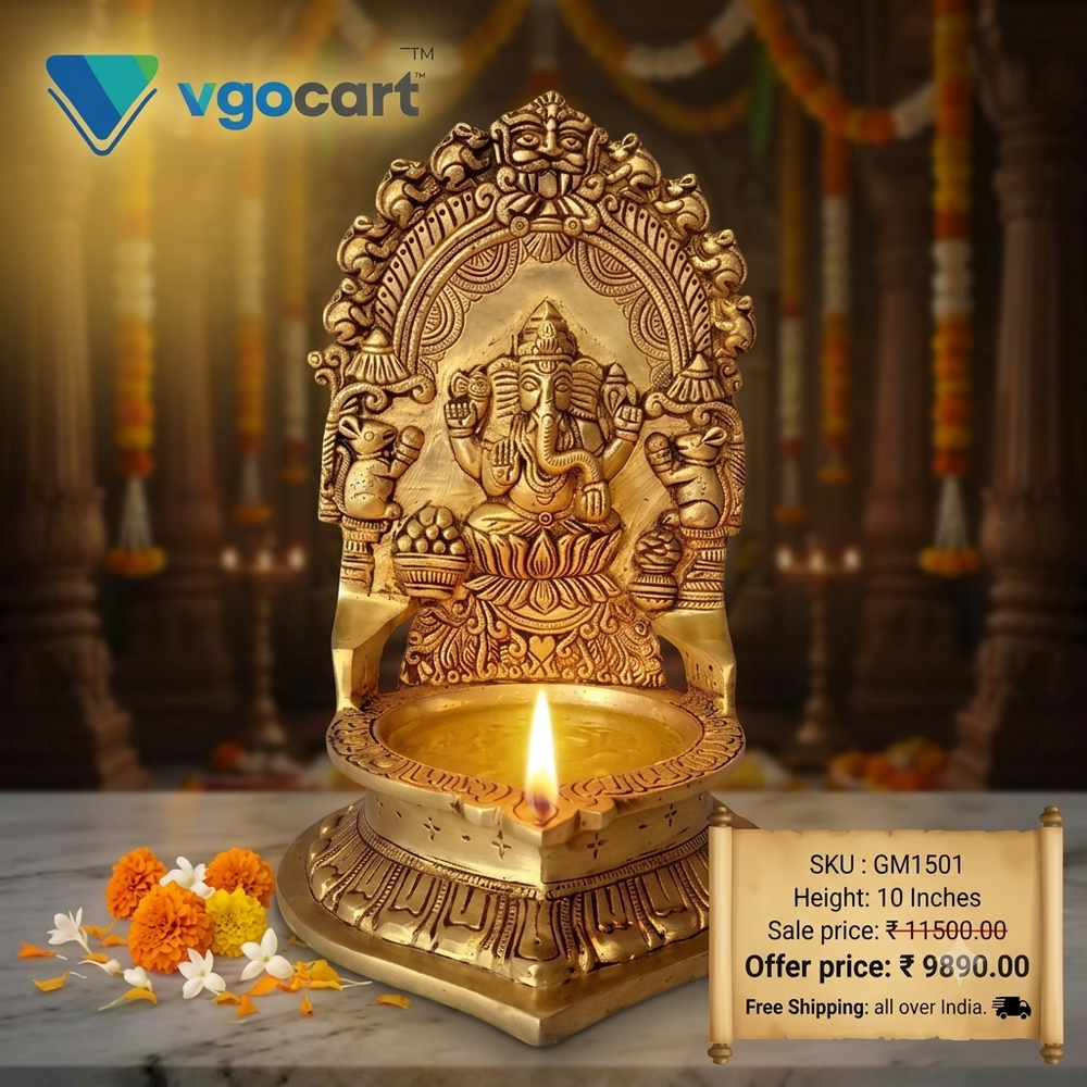 Premium Big Brass Ganesha Diya | Majestic Vighnaharta Deepam for Vastu & Grand Pooja Decor