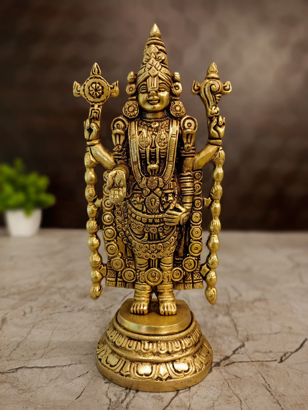 Antique Brass Lord Venkateswara Idol | Sri Balaji Srinivasa Statue with Shangu Chakra | Traditional 8 Inch Hindu God Idol for Pooja Room & Home Decor