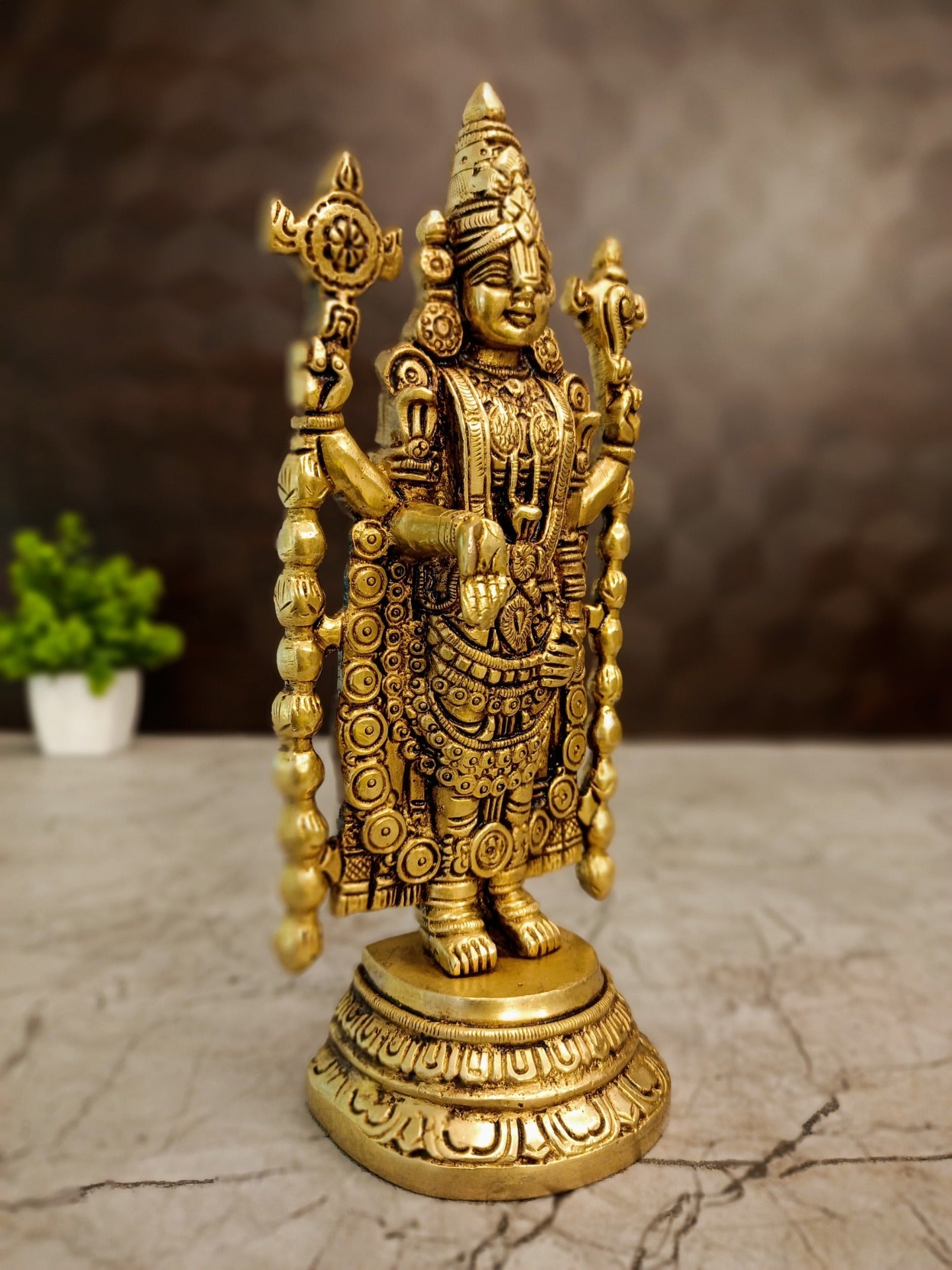 Antique Brass Lord Venkateswara Idol | Sri Balaji Srinivasa Statue with Shangu Chakra | Traditional 8 Inch Hindu God Idol for Pooja Room & Home Decor