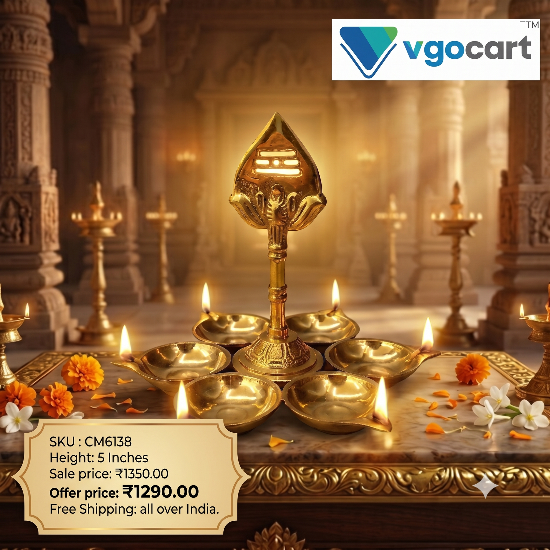 Brass Vel With Six Diyas (5 Inch) | Handcrafted Murugan Spear Lamp for Home Temple & Deepam Decor