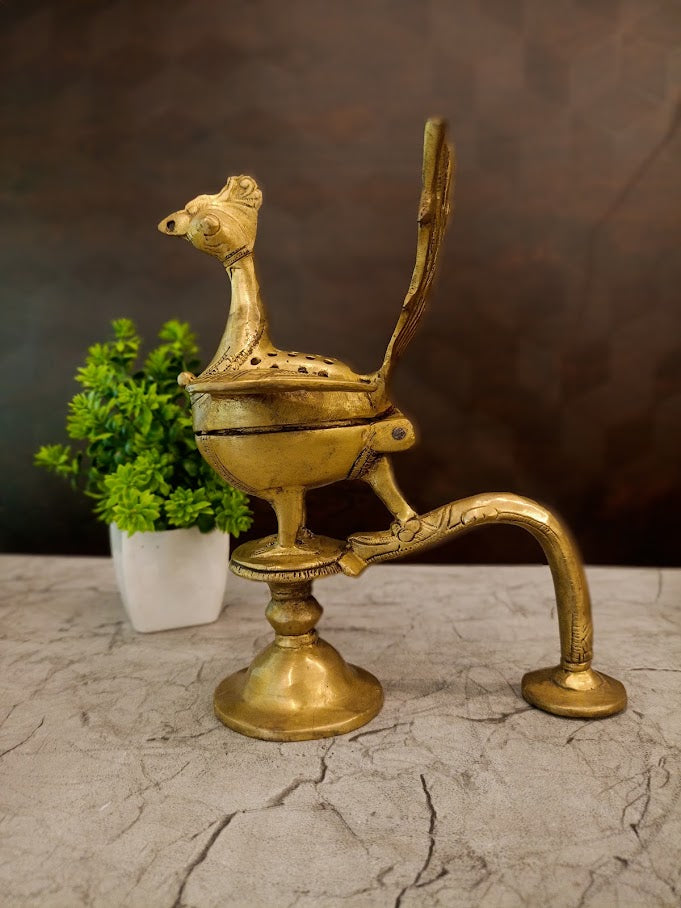 Premium Brass Mayur Sambrani Stand | Antique Peacock Dhoop Burner for Vastu & Pooja Mandir