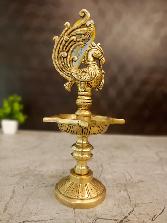 Antique Brass Peacock Deepam | Traditional Mayil Vilakku with Multi-Wick Design | 11 Inch Pooja Decor