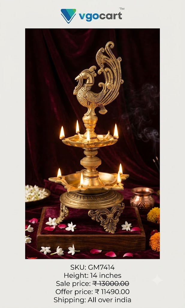Majestic Brass Dual-Tier Annam Kuthu Vilakku | 2-Layer Panchamukhi Standing Deepam on Ornate Tripod Base for Vastu & Temple Decor