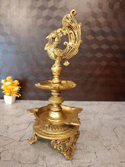 Majestic Brass Dual-Tier Annam Kuthu Vilakku | 2-Layer Panchamukhi Standing Deepam on Ornate Tripod Base for Vastu & Temple Decor