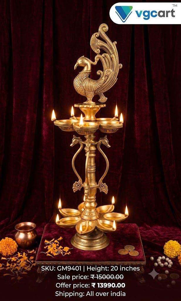 Magnificent Brass 2-Tier Peacock Deepam | 12-Wick Mayil Aduku Vilakku for Vastu & Grand Heritage Decor