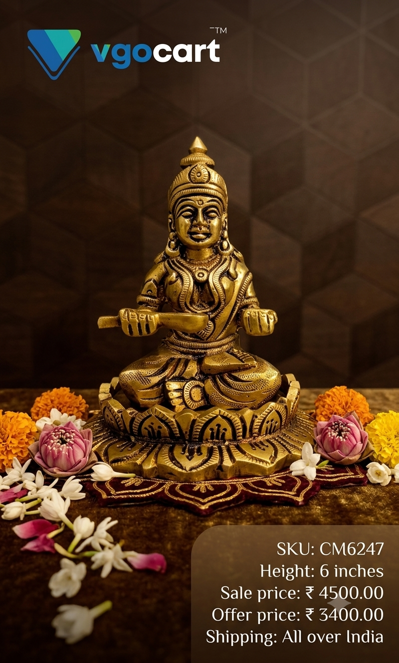Premium Brass Annapoorani on Lotus Base Idol | Divine Goddess of Nourishment Statue for Kitchen Vastu & Wealth