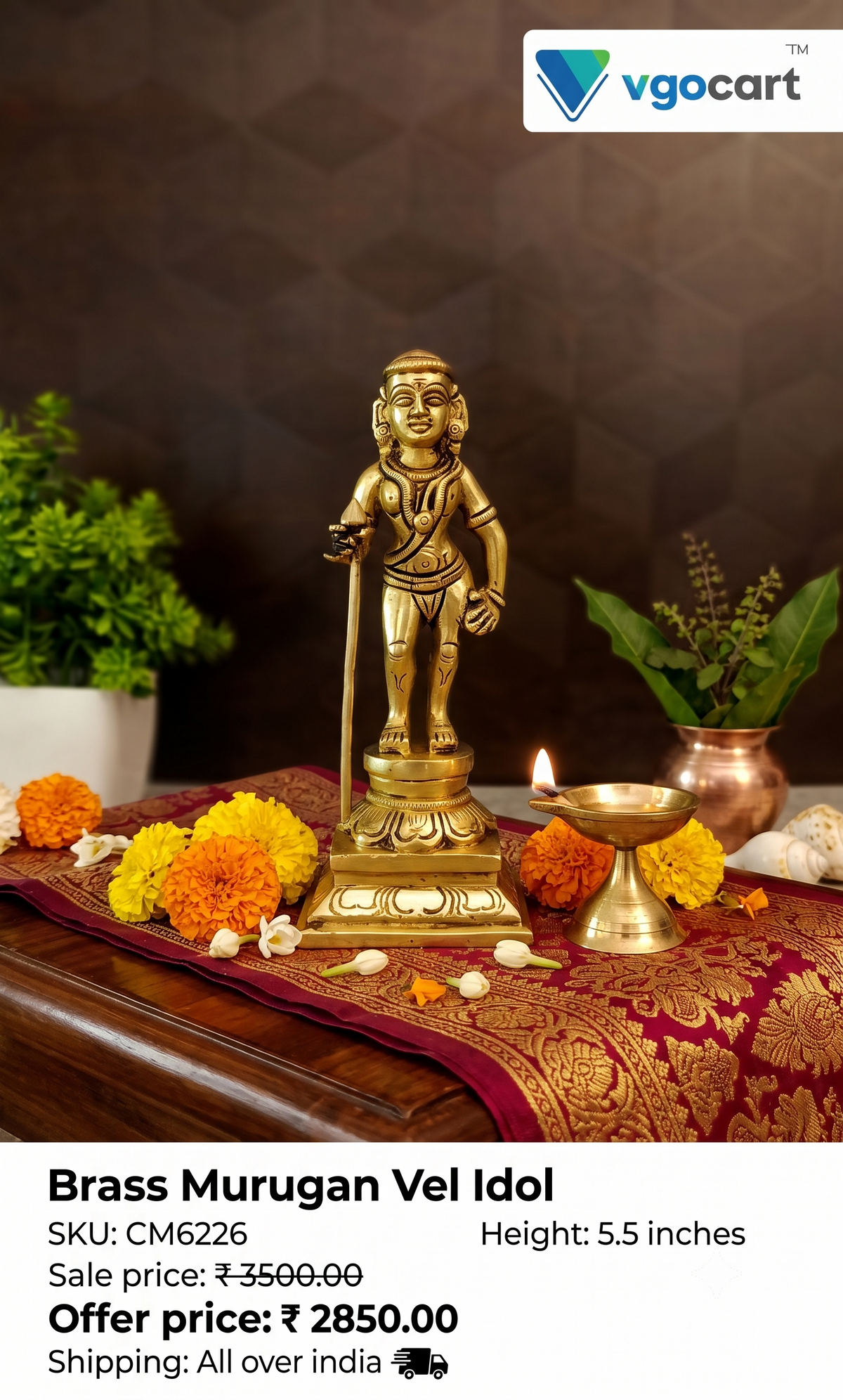 Premium Brass Aandi Murugan Idol | Sacred Palani Pazhani Aandavar Statue for Vastu & Spiritual Peace