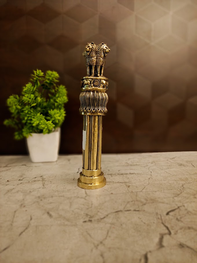 Handcrafted Brass Fine Art Ashoka Pillar | National Emblem Replica Showpiece for Office & Study Desk