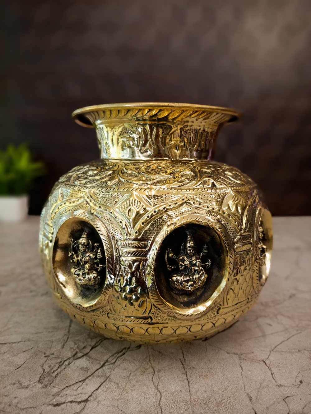 Antique Brass Decorative Ashtalakshmi Kalasam With Divine Deity Embossed Design | Traditional Indian Brass Home Décor