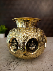 Antique Brass Decorative Ashtalakshmi Kalasam With Divine Deity Embossed Design | Traditional Indian Brass Home Décor