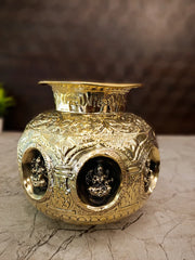 Antique Brass Decorative Ashtalakshmi Kalasam With Divine Deity Embossed Design | Traditional Indian Brass Home Décor