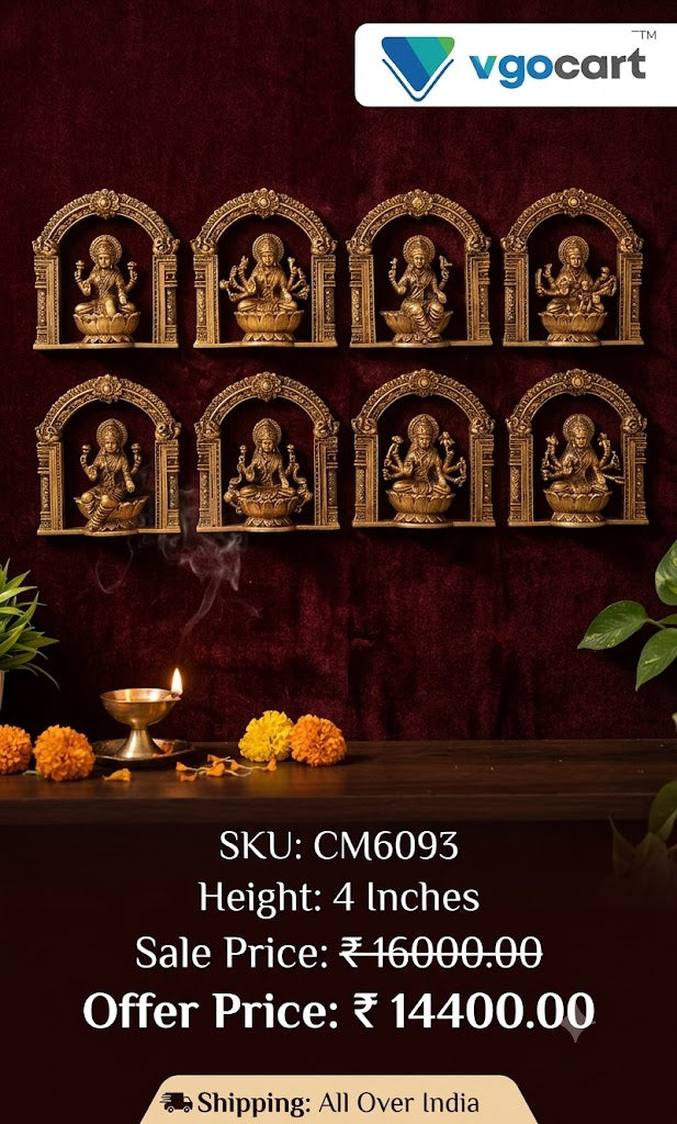 Premium Brass Super Fine Ashtalakshmi Wall Mount Set with Arch | Antique Vastu 8 Wealth Goddess Decor for Mandir & Home (India)