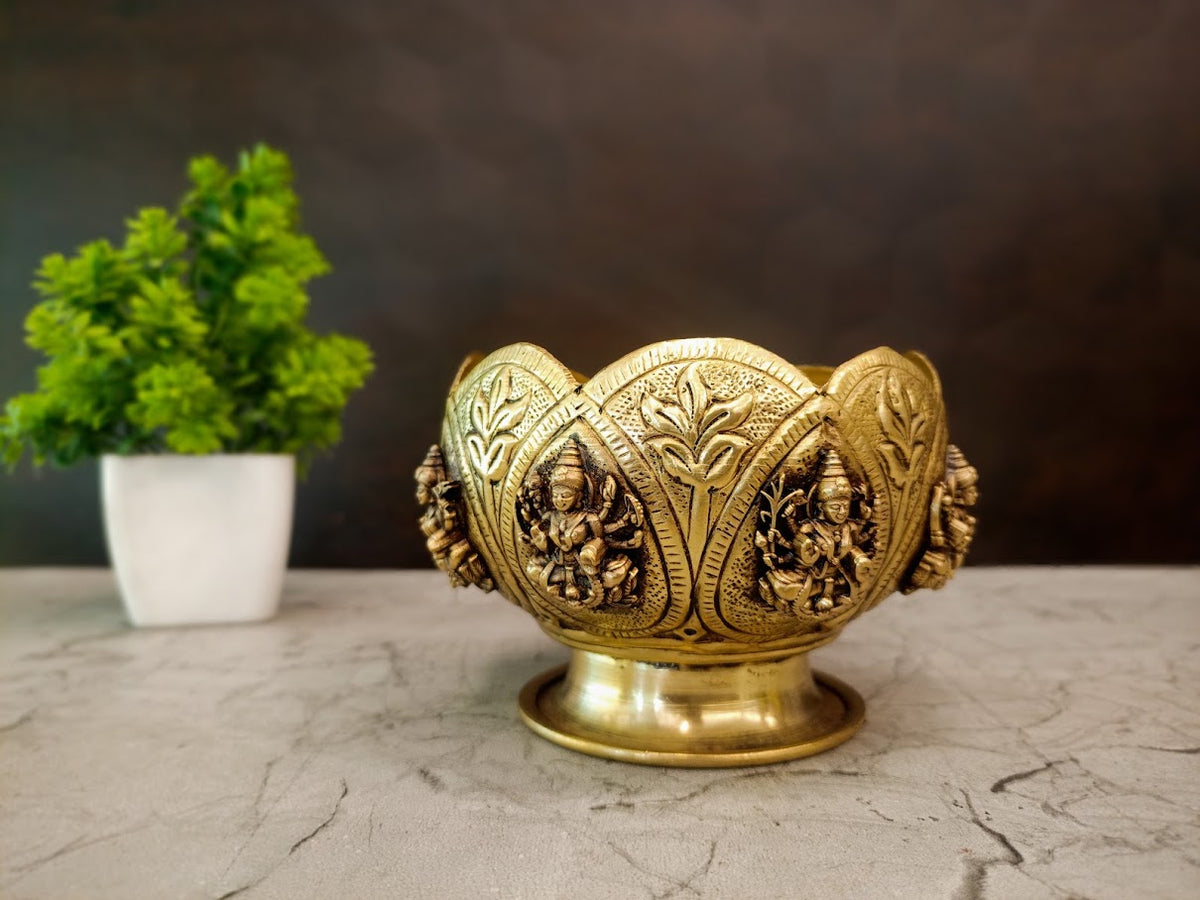 Premium Brass Ashta Lakshmi Urli Bowl | Traditional 8-Goddess Designer Floating Flower Centerpiece