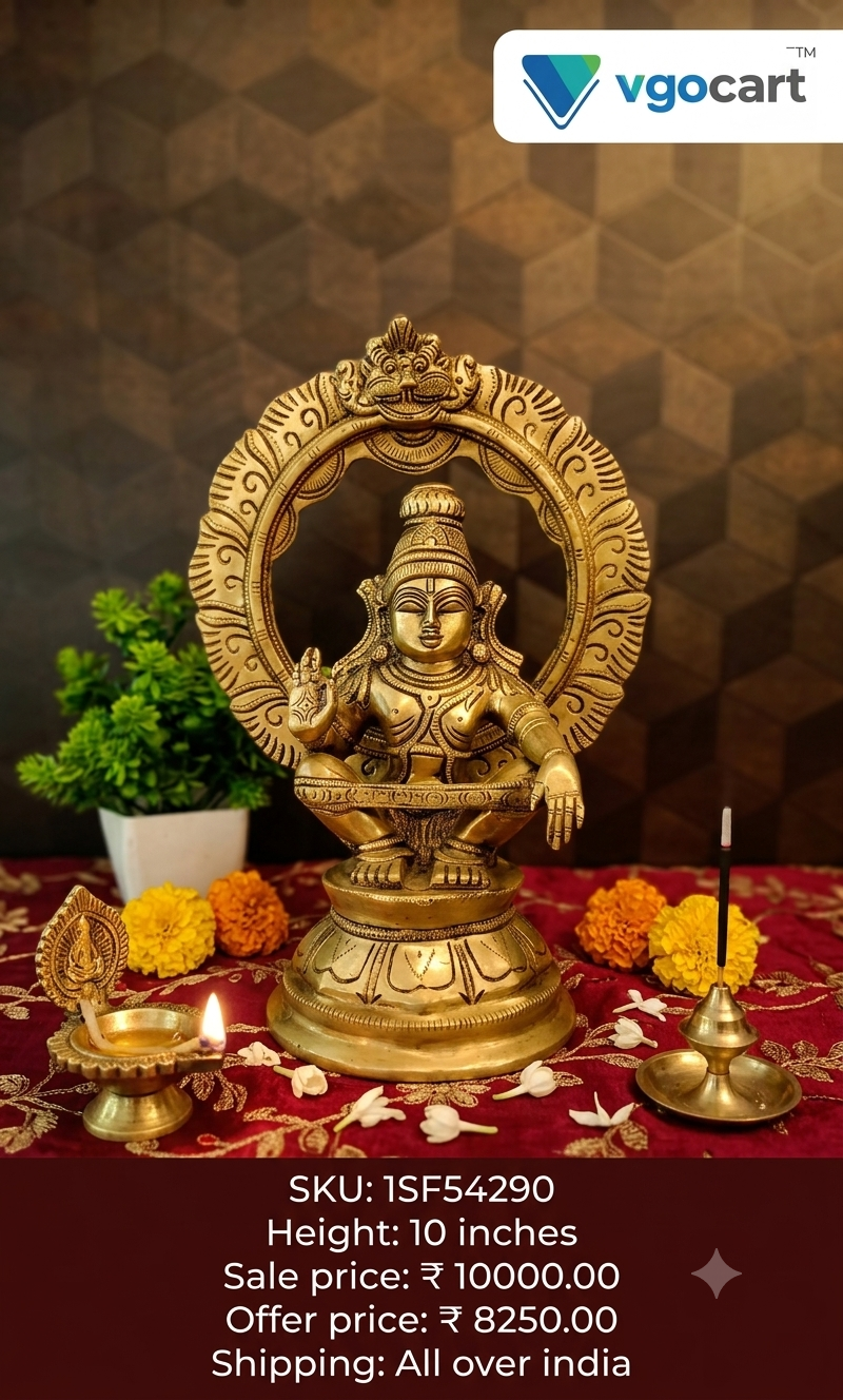 Premium Brass Lord Ayyappan with Thiruvachi | Majestic Dharma Sastha Idol for Vastu & Spiritual Discipline