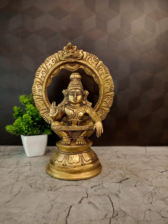 Premium Brass Lord Ayyappan with Thiruvachi | Majestic Dharma Sastha Idol for Vastu & Spiritual Discipline