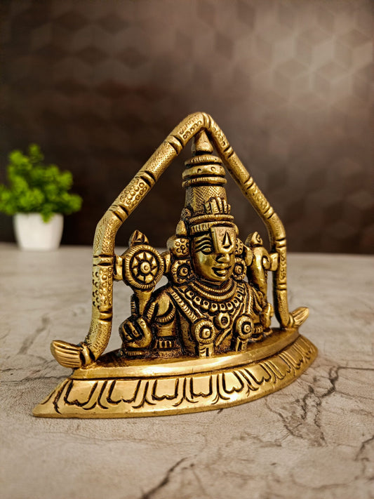 Antique Brass Lord Venkateswara Idol | Seated Balaji Srinivasa Statue with Ornate Arch | 3.5 Inch Hindu God Idol for Pooja & Home Décor