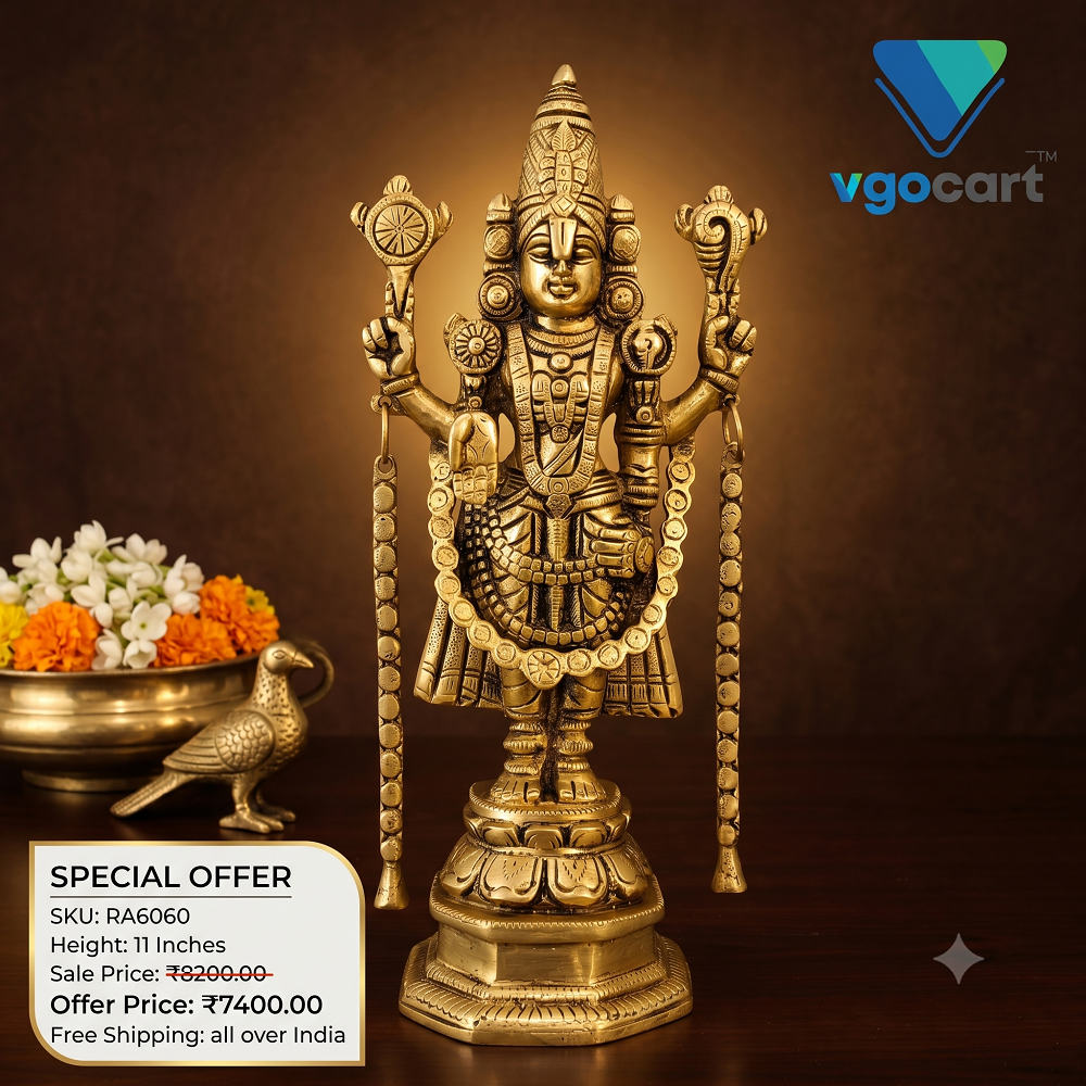Antique Brass Lord Venkateswara Idol | Sri Balaji Srinivasa Statue with Shangu Chakra & Traditional Temple Detailing | 11 Inch Pooja Decor