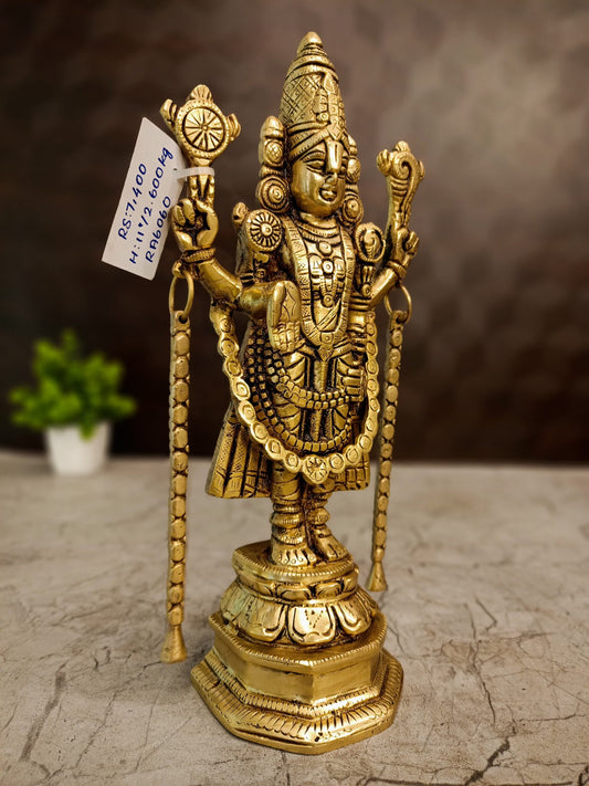 Antique Brass Lord Venkateswara Idol | Sri Balaji Srinivasa Statue with Shangu Chakra & Traditional Temple Detailing | 11 Inch Pooja Decor